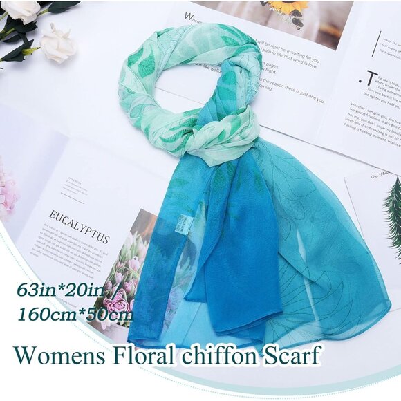 Women's Blue Green Fashion Lightweight Head Scarf Floral Print Chiffon Scarves - Picture 3 of 7